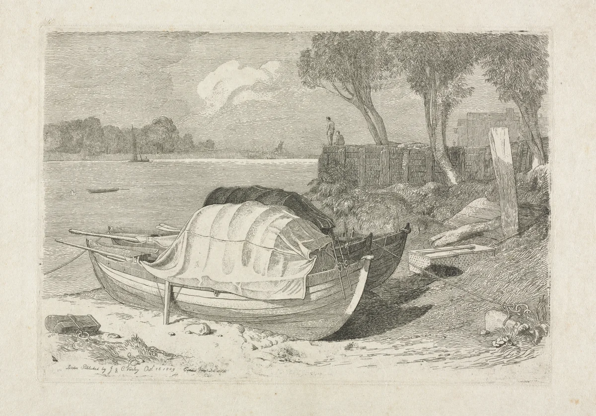 Two Beached Fishing Boats by Cornelius Varley, print, 1809
