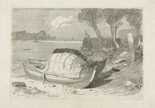 Two Beached Fishing Boats by Cornelius Varley, print, 1809
