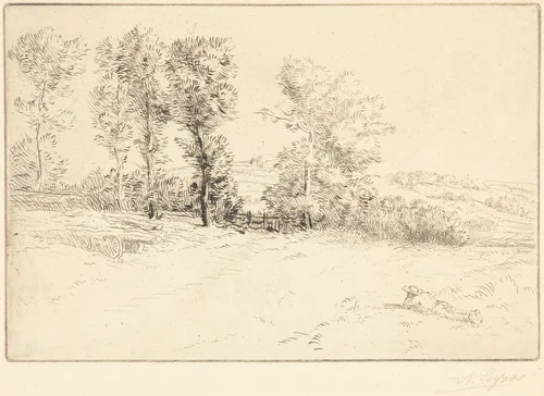 Meadow in Sunshine (Le pre ensoleille) by Alphonse Legros, print, 1837-1911