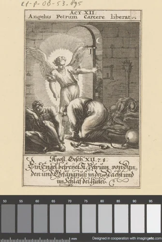 Apostel Petrus door een engel uit de gevangenis bevrijd by anonymous, print, 1697
