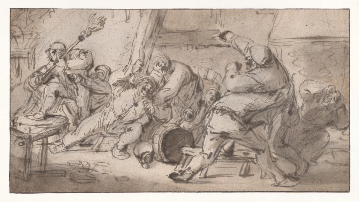 Peasants fighting in an inn by Adriaen van Ostade, drawing, 1610-1685