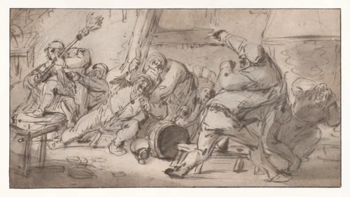 Peasants fighting in an inn by Adriaen van Ostade, drawing, 1610-1685