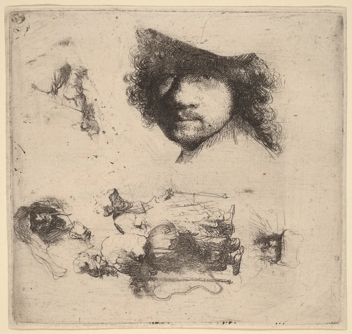 Sheet of Studies including Head of the Artist, a Beggar Couple, Heads of an Old Man and Old Woman by Rembrandt van Rijn, print, 1632