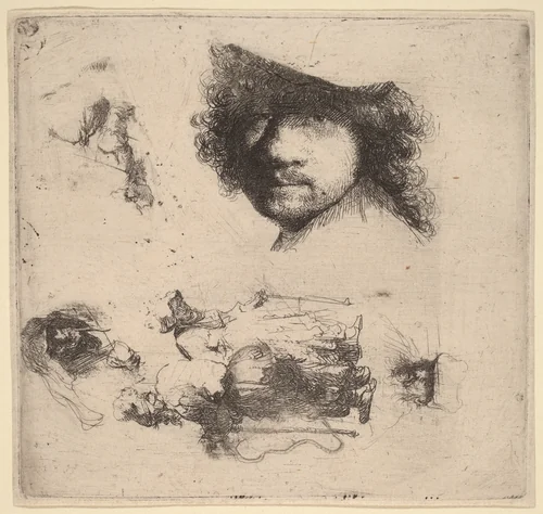 Sheet of Studies including Head of the Artist, a Beggar Couple, Heads of an Old Man and Old Woman by Rembrandt van Rijn, print, 1632