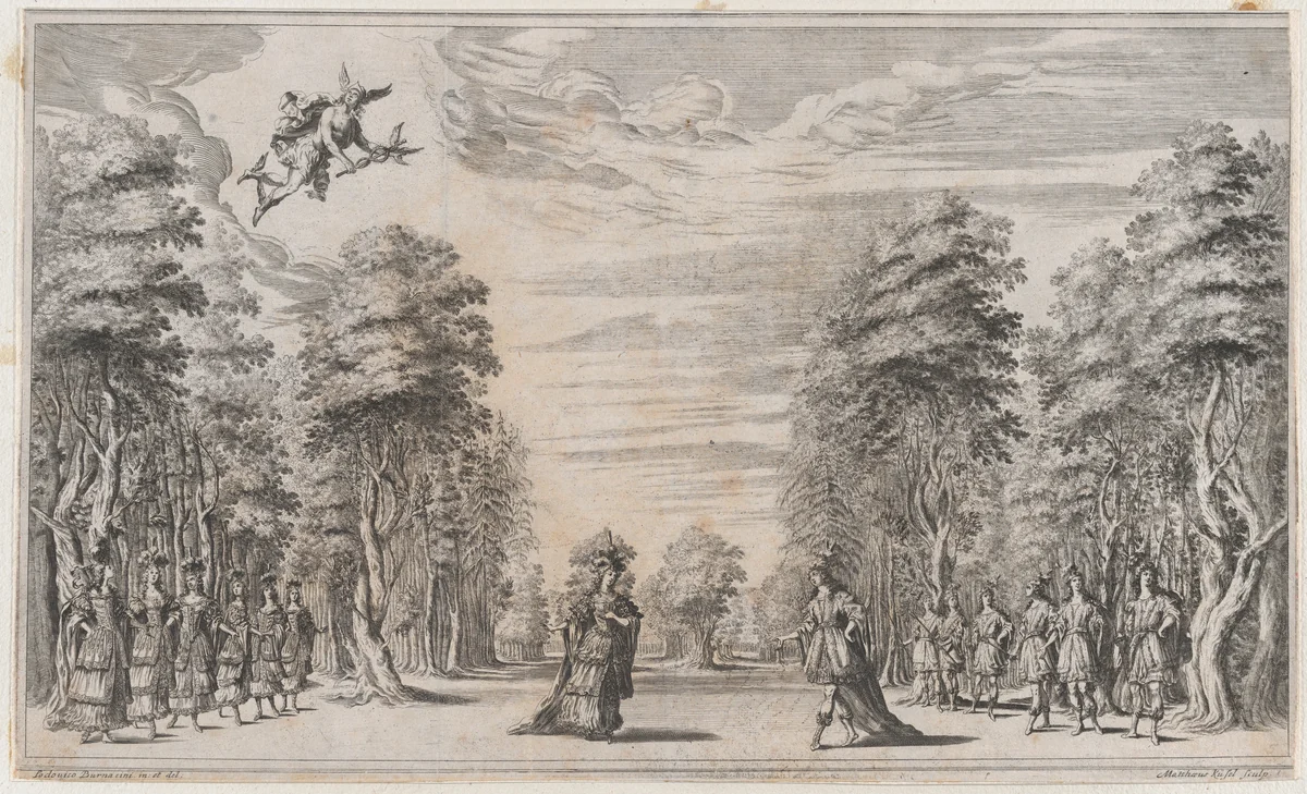 A man and a woman conversing at center, surrounded by a row of young men to the right and young women to the left, Mercury appears at top left corner; set design from 'Il Pomo D'Oro' by Mathäus Küsel, print, 1668