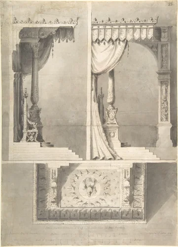 Design for a Papal Throne with Elevations and Sketch of Baldacchino Interior. by Antonio Basoli, drawing, 1841