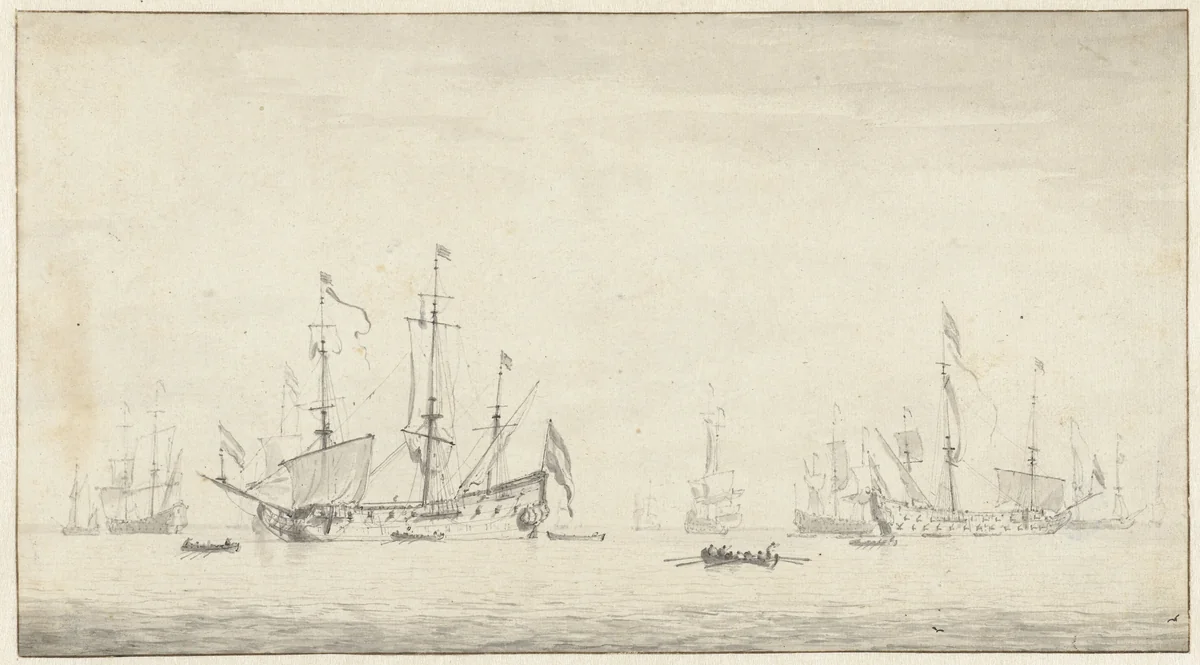 Voor anker liggende schepen by Willem van de Velde, drawing, 1643-1707