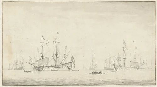 Voor anker liggende schepen by Willem van de Velde, drawing, 1643-1707