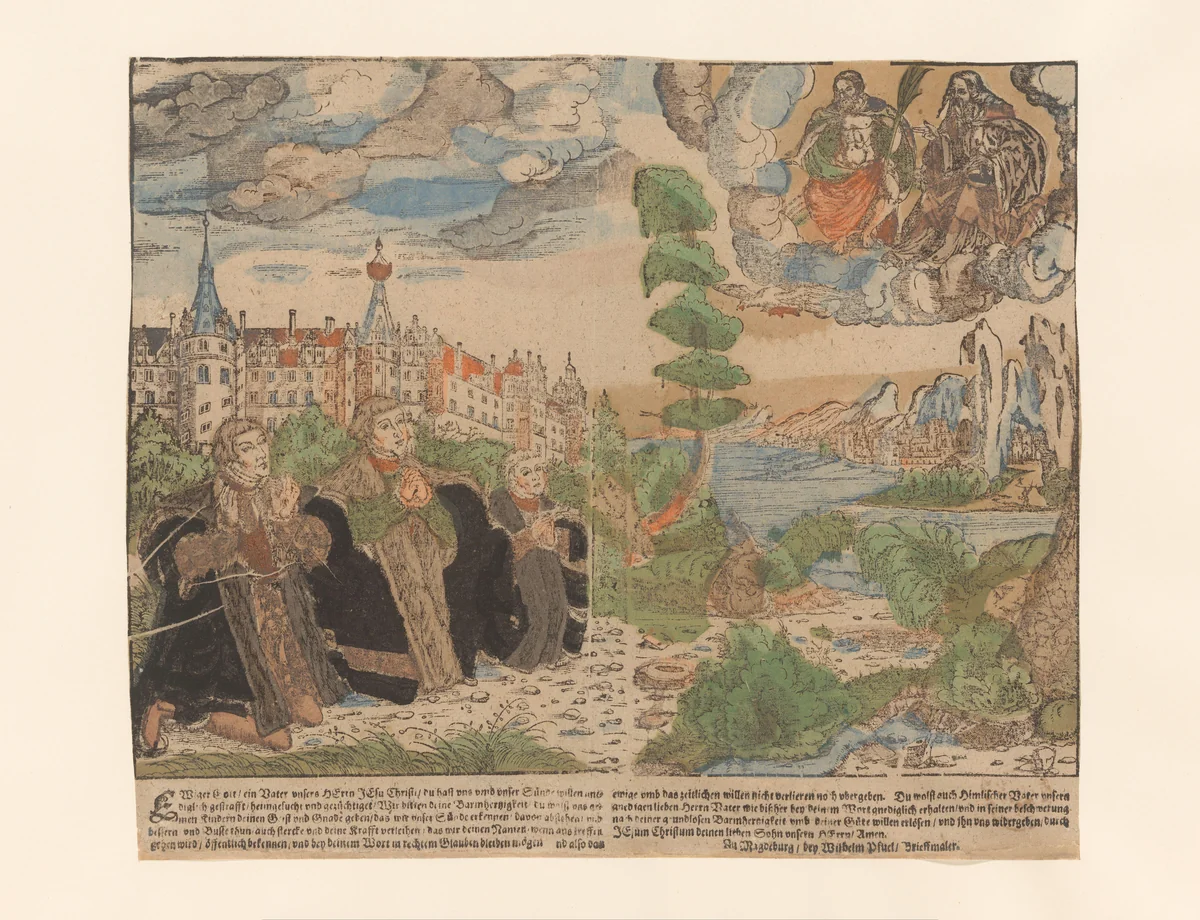 Drie zonen van Johan Frederik de Grootmoedige, keurvorst van Saksen, in aanbidding voor de Drie-eenheid met op de achtergrond het slot Torgau by anonymous, print, 1525-1586