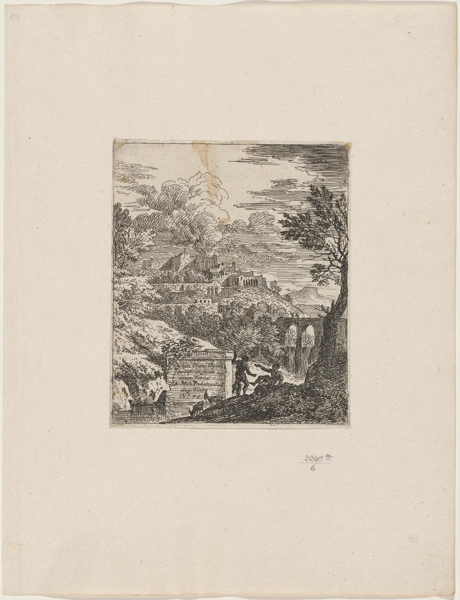 Two Shepherds beside a Pedestal by Joachim Franz Beich, print, 1700-1725