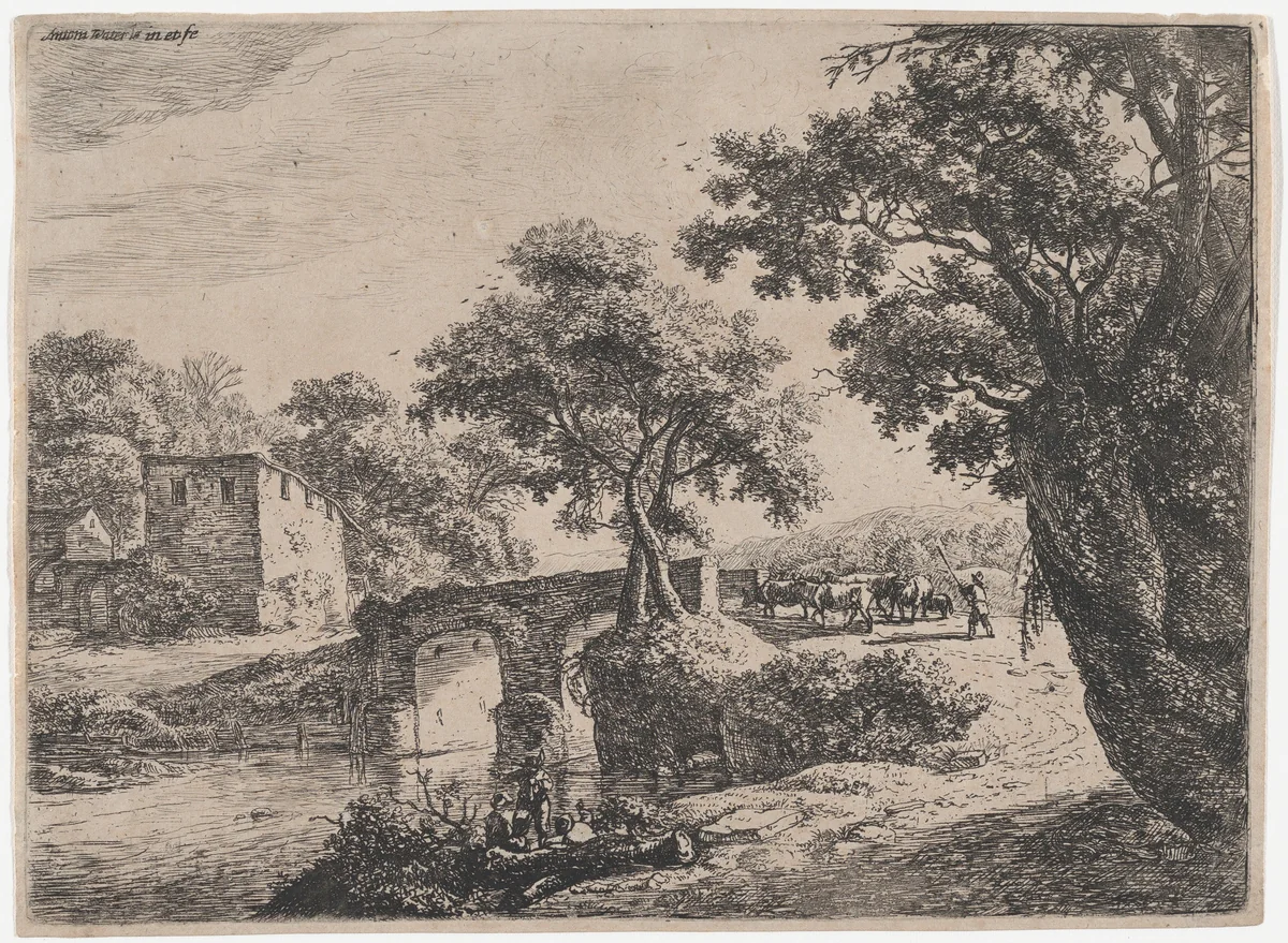 Herd Near a Stone Bridge by Anthonie Waterloo, print, 1620-1690