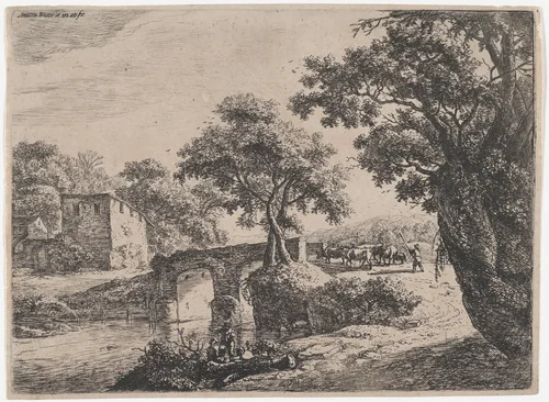 Herd Near a Stone Bridge by Anthonie Waterloo, print, 1620-1690