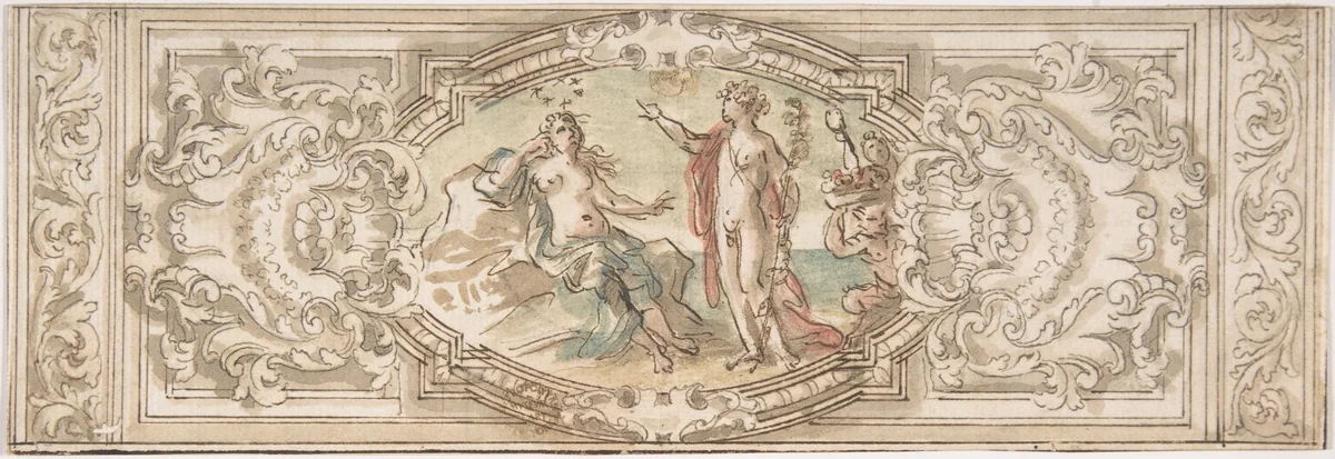 Design for a Panel with a Depiction of Bacchus and Ariadne by anonymous, drawing, 1600-1700