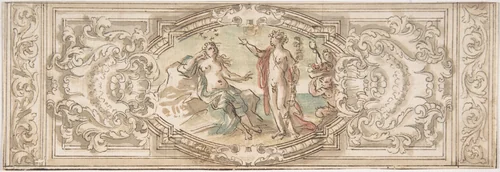 Design for a Panel with a Depiction of Bacchus and Ariadne by anonymous, drawing, 1600-1700