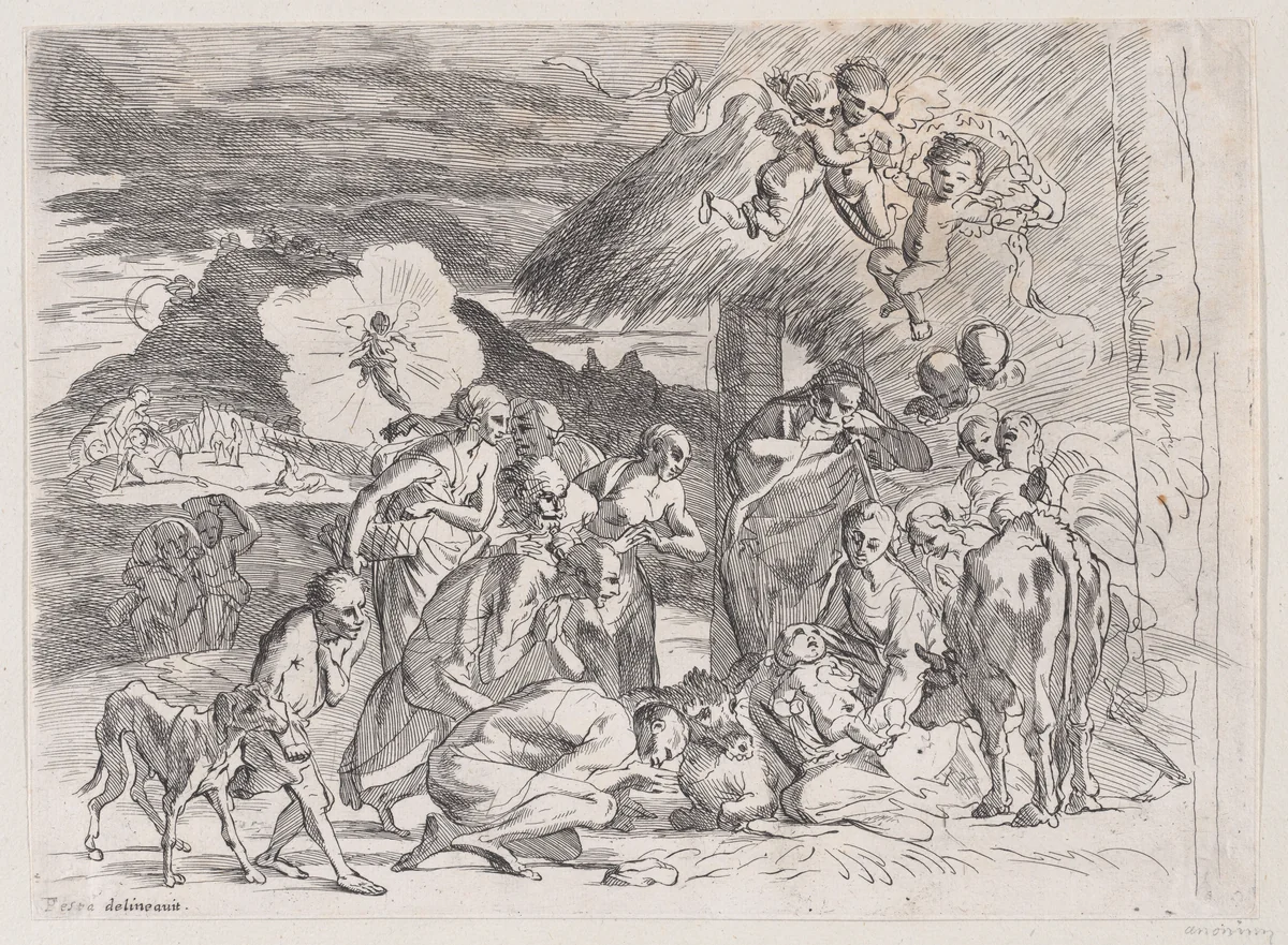 The adoration of the shepherds who gather at left, angels holding a banderole upper right by anonymous, print, 1700-1800