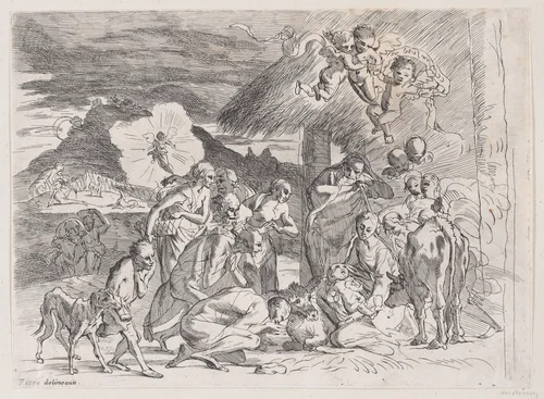 The adoration of the shepherds who gather at left, angels holding a banderole upper right by anonymous, print, 1700-1800