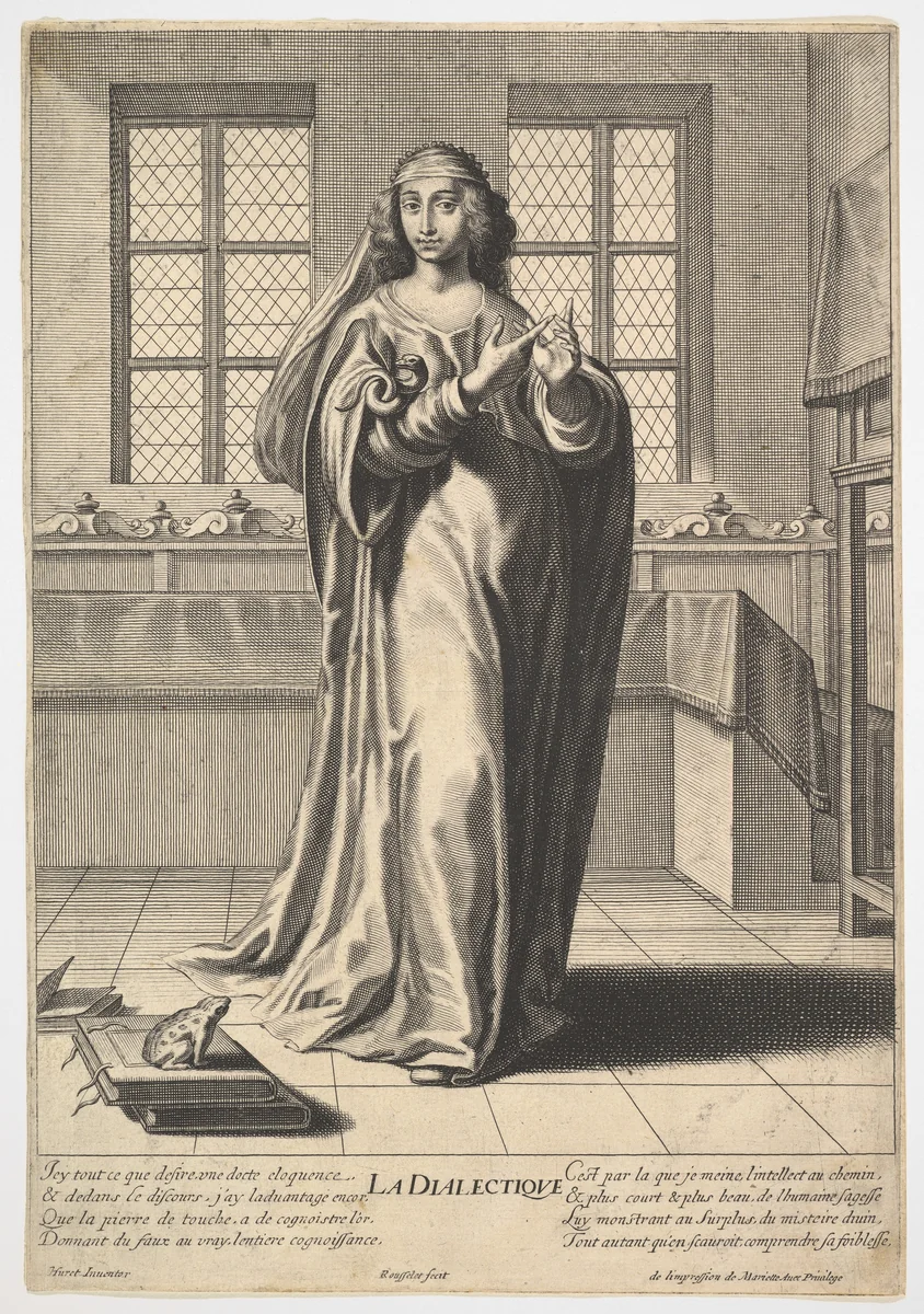 Dialectic: a young woman standing in a decorated interior and touching her right index finger to her left middle finger in a counting gesture, at her feet is a toad seated on a stack of books, from "The liberal arts" (Les arts liberaux) by Gilles Rousselet, print, 1633-1635