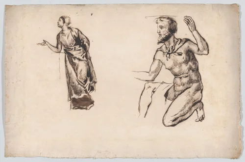 Two Figure Studies: A Woman Standing and a Bearded Man Kneeling by Eugène Delacroix, drawing, 1820-1863