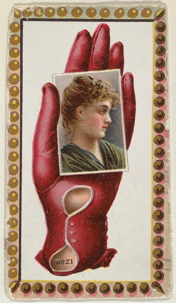 Card Number 21, cut-out from banner advertising the Opera Gloves series (G29) for Allen & Ginter Cigarettes by Allen & Ginter, print, 1885-1895