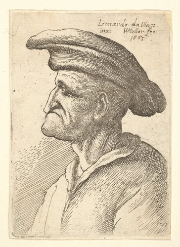 Bust of elderly man with nose that meets his lower lip, wearing wide flat cap in profile to left by Wenceslaus Hollar, print, 1665