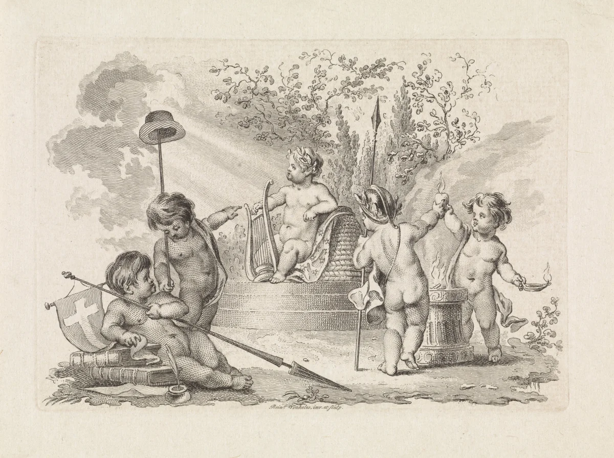 Vijf putti met allegorische attributen by Reinier Vinkeles, print, 1751-1816