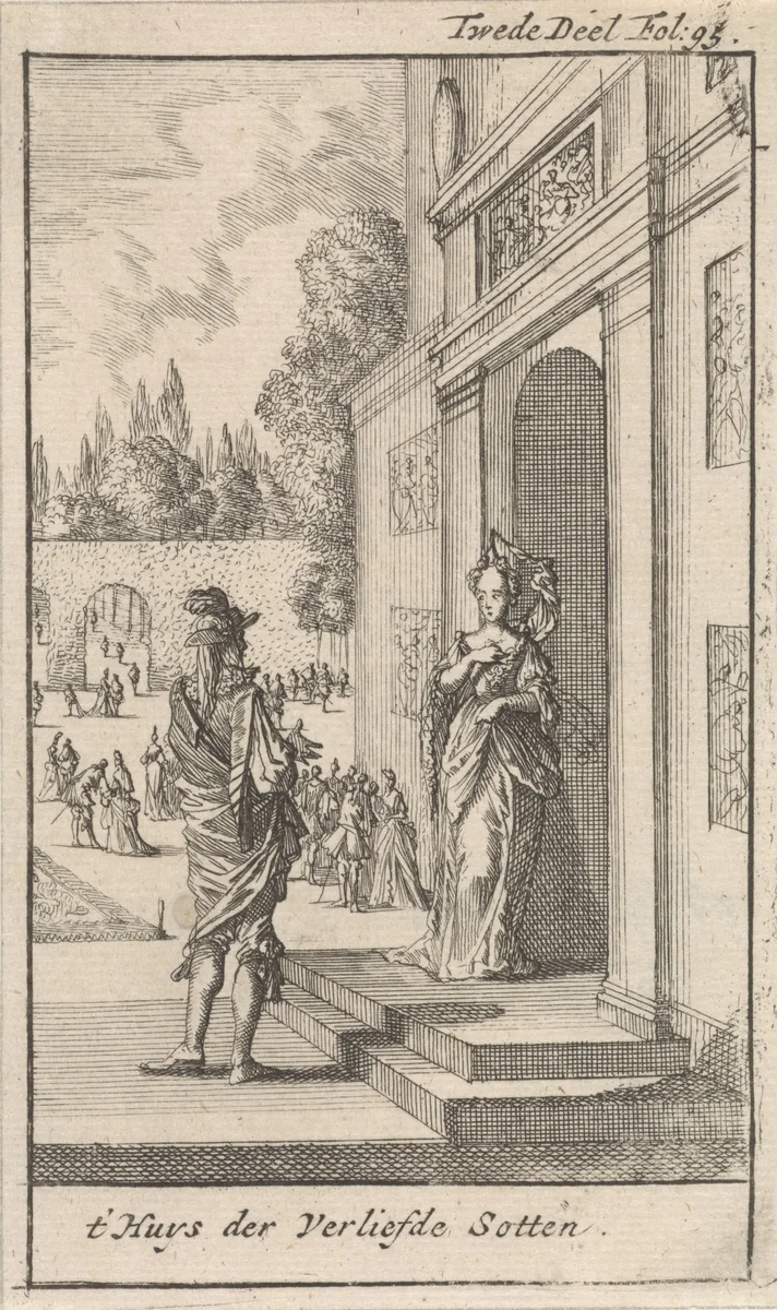 Vrouw in gesprek met de schrijver voor het huis van de liefde by Caspar Luyken, print, 1699
