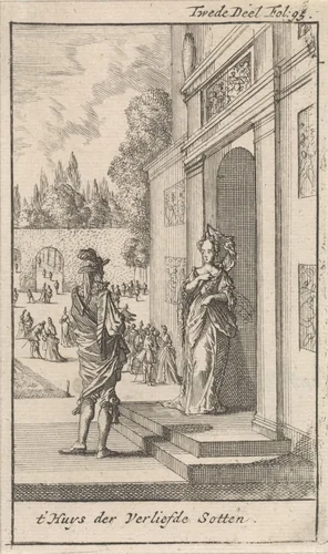 Vrouw in gesprek met de schrijver voor het huis van de liefde by Caspar Luyken, print, 1699