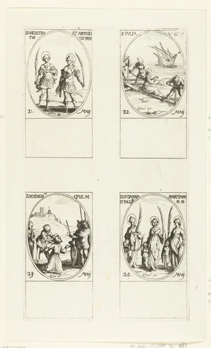 Heilige Nicostratus en Heilige Antiochus, Heilige Julia van Corsica, Heilige Desiderius van Vienne, Heilige Susanna, Heilige Marciana en Heilige Palladia van Galatia (21-24 mei) by Jacques Callot, print, 1632-1636
