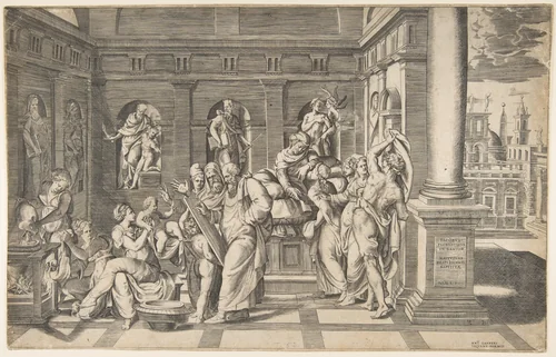 The birth of Saint John the Baptist by Giulio Bonasone, print, 1533-1543