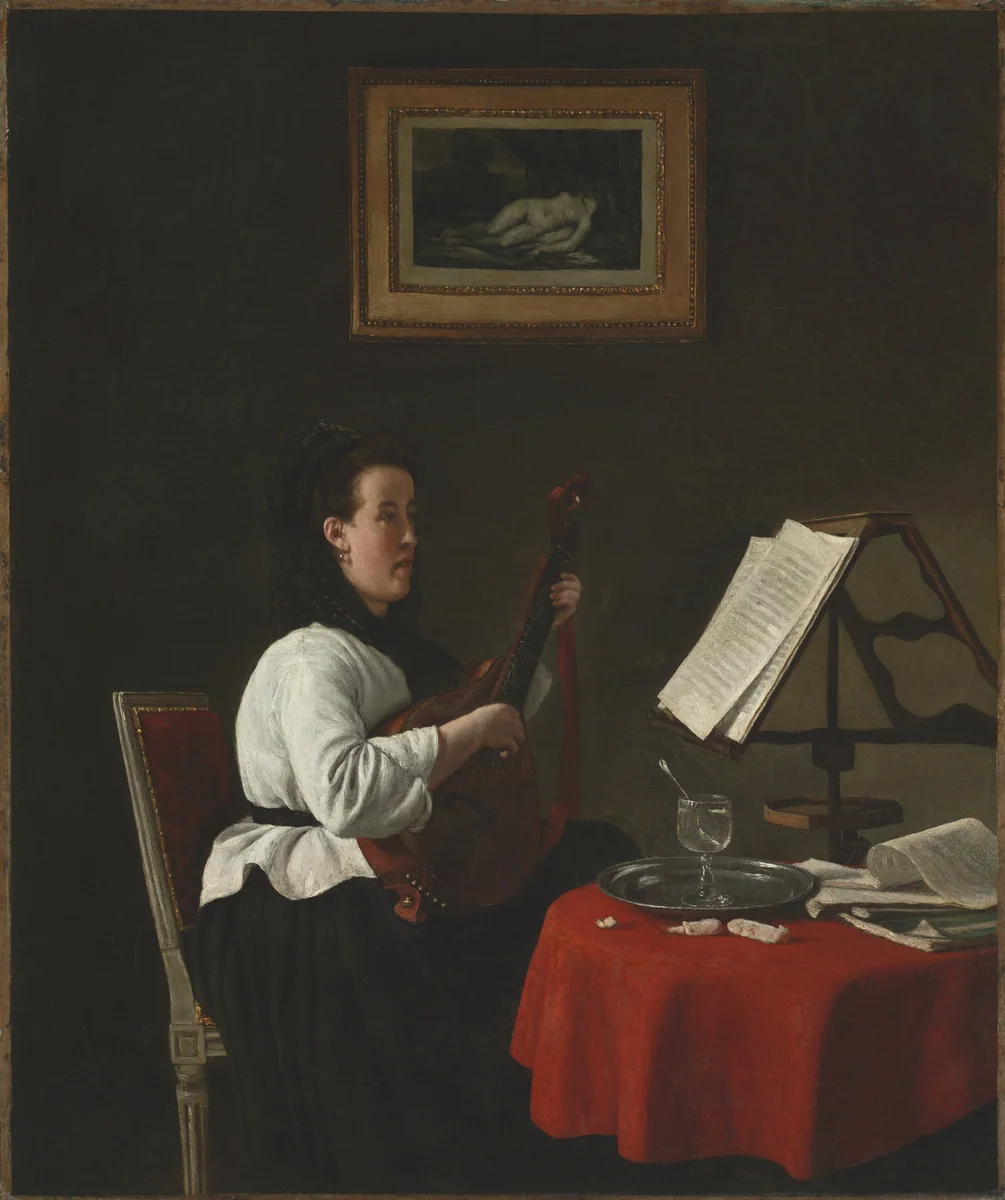 Young Woman with a Mandolin, Portrait of Louison Köhler by François Bonvin, painting, 1873-1874
