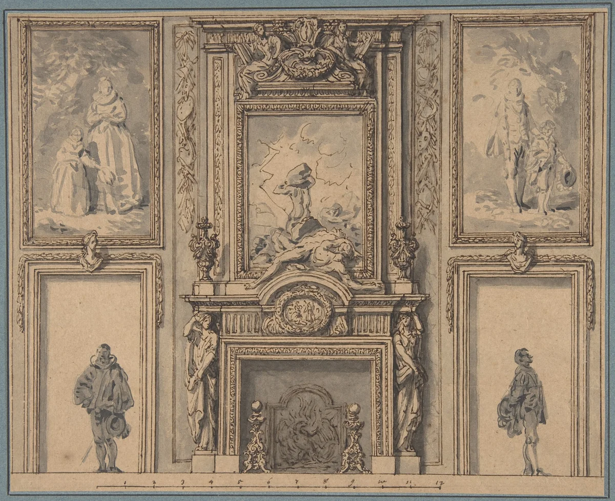 Design for a Wall Decoration with Chimneypiece and Two Figures by Antoine Le Pautre, drawing, 1650-1670