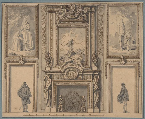 Design for a Wall Decoration with Chimneypiece and Two Figures by Antoine Le Pautre, drawing, 1650-1670