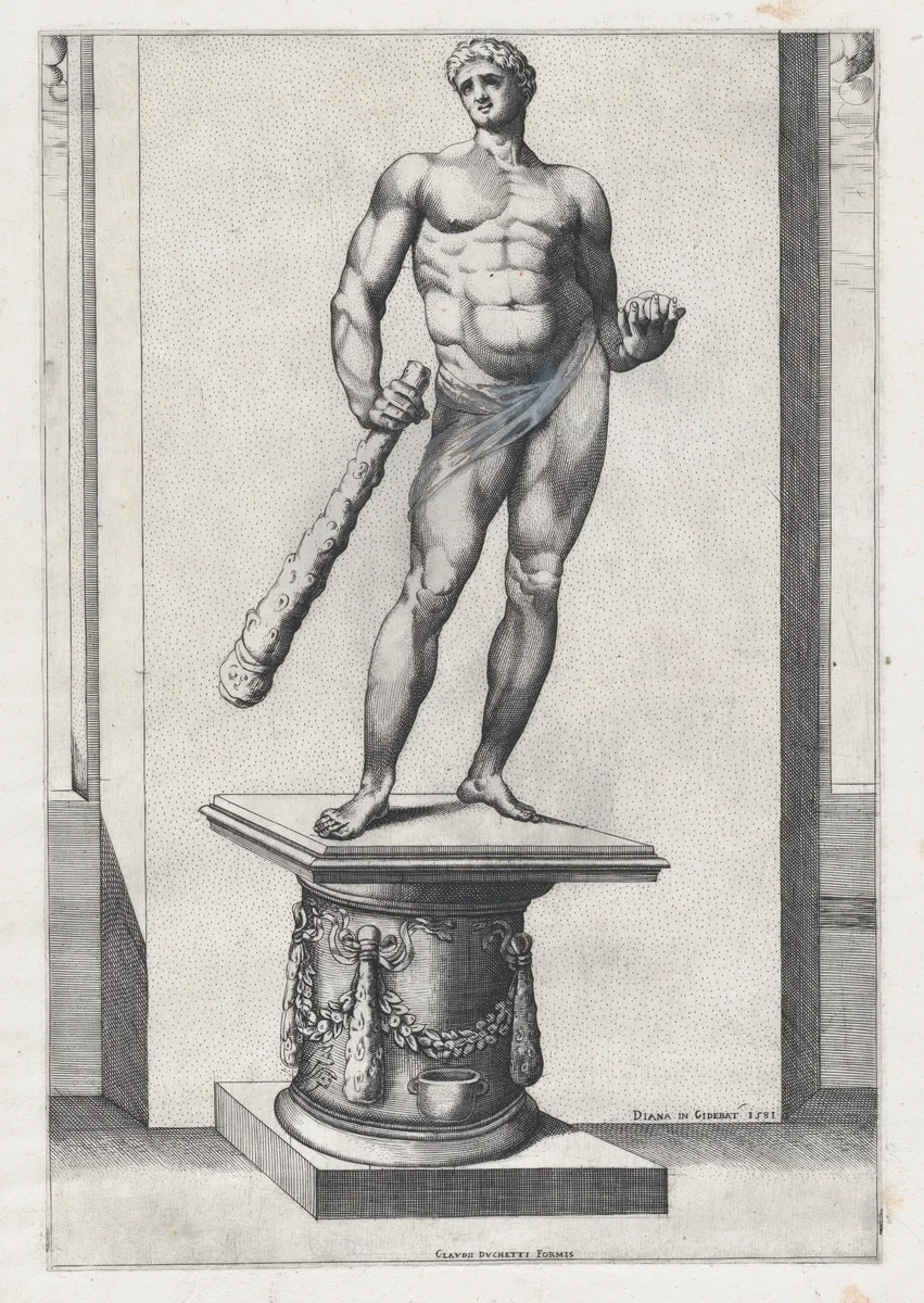Hercules with the apples of the Hesperides, from "Speculum Romanae Magnificentiae" by Diana Scultori, print, 1581
