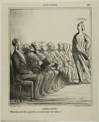 Run-Off Elections. “- Will she invite me for a second waltz?,” plate 114 from Actualités by Honoré-Victorin Daumier, print, 1869