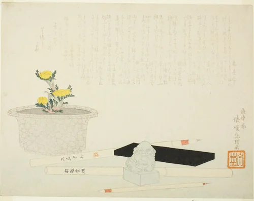 Potted adonis with writing implements by Hishikawa Sori III, print, 1800