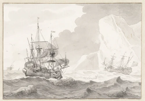 Twee zeilschepen bij een krijtrots by Wigerus Vitringa, drawing, 1703