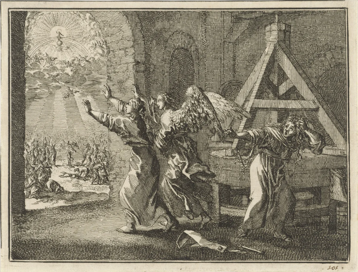 Van twee in de molen werkende vrouwen wordt één aangenomen en de ander verlaten by Jan Luyken, print, 1712