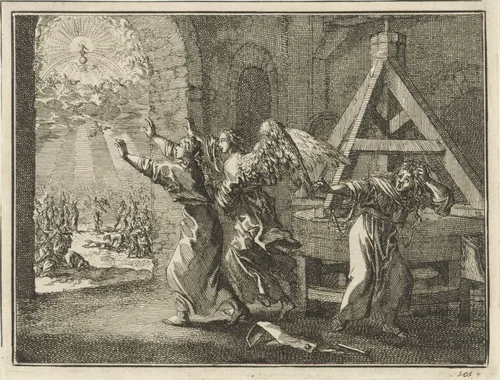 Van twee in de molen werkende vrouwen wordt één aangenomen en de ander verlaten by Jan Luyken, print, 1712