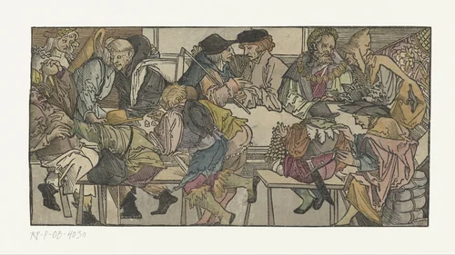 Gezelschap rond een tafel by anonymous, print, 1500-1525