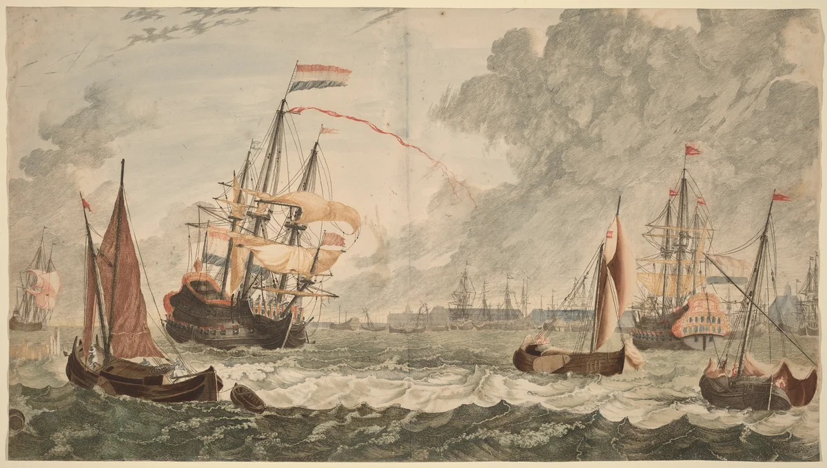 Amsterdam, Ships at the IJ on Choppy Waters by Johann Teyler; Johannes van den Aveele; Jan van Call I, print, 1685-1697