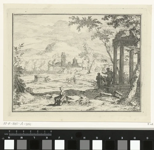 Italianiserend landschap met een ruïne by F.W. Musculus, print, 1750-1799