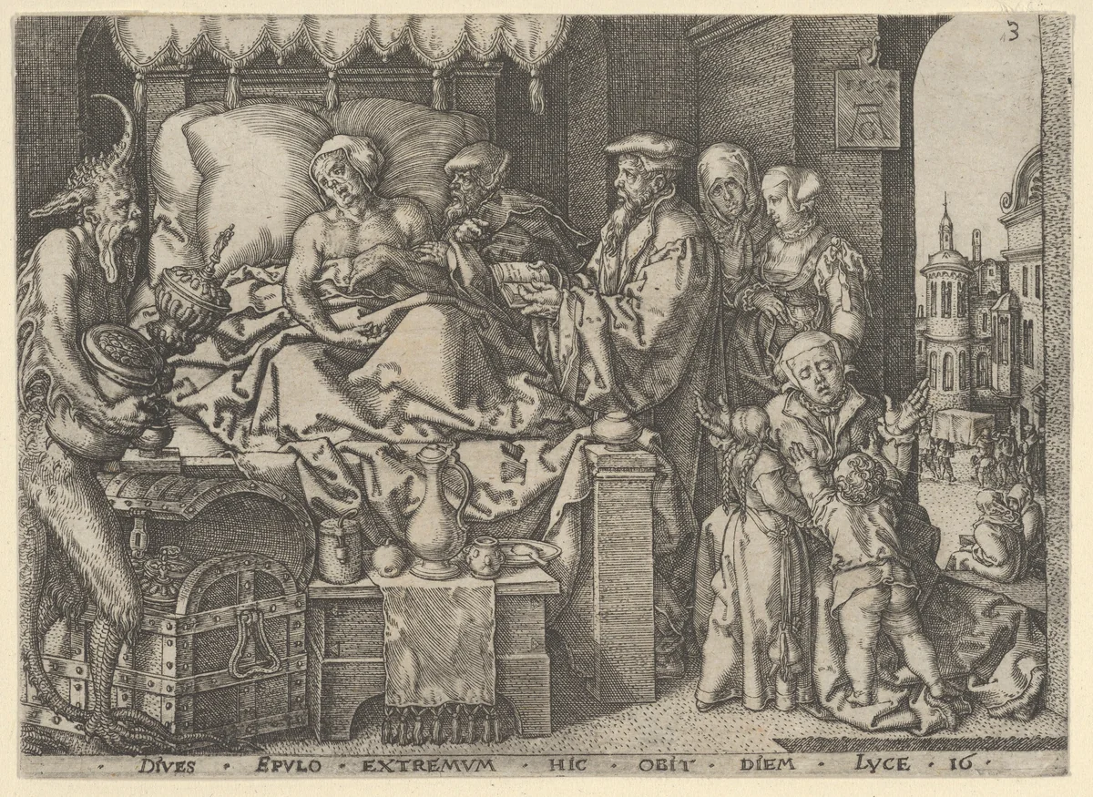 The Rich Man on His Deathbed, from "The Parable of the Rich Man and Lazarus" by Heinrich Aldegrever, print, 1554