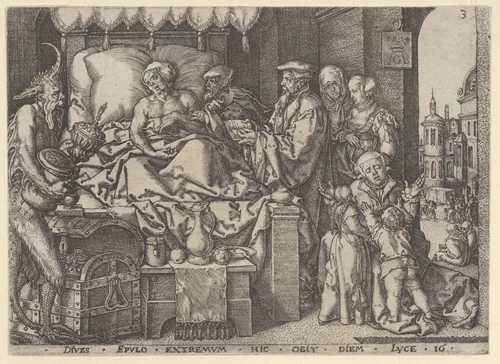 The Rich Man on His Deathbed, from "The Parable of the Rich Man and Lazarus" by Heinrich Aldegrever, print, 1554