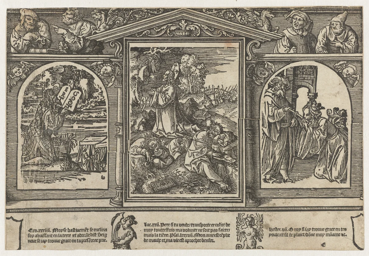 Christus op de Olijfberg, Mozes en Esther voor Ahasveros by Unknown, print, 1521