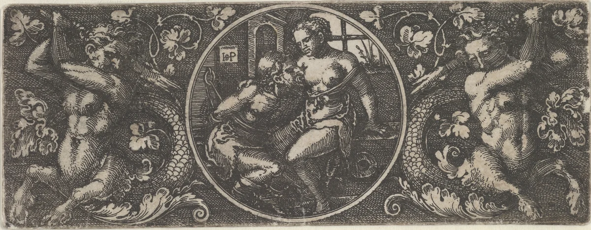 Cimon and Pero Flanked by Two Tritons by Sebald Beham, print, 1518-1530