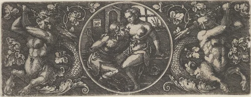 Cimon and Pero Flanked by Two Tritons by Sebald Beham, print, 1518-1530