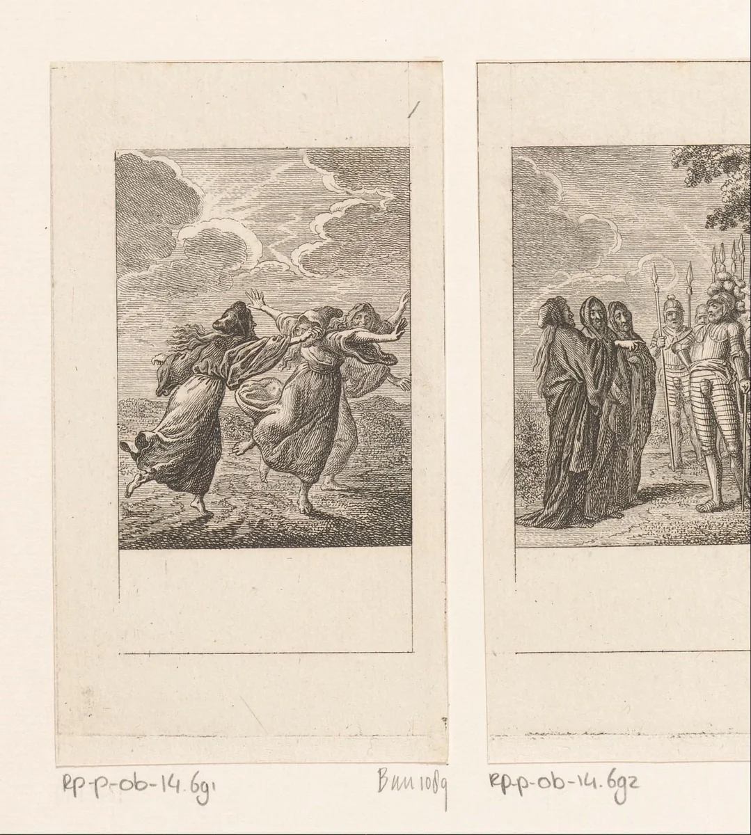 Drie heksen dansen over de Schotse Hooglanden by Daniel Nikolaus Chodowiecki, print, 1784