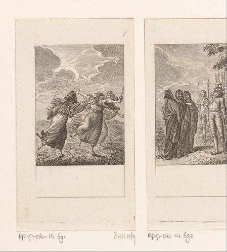 Drie heksen dansen over de Schotse Hooglanden by Daniel Nikolaus Chodowiecki, print, 1784