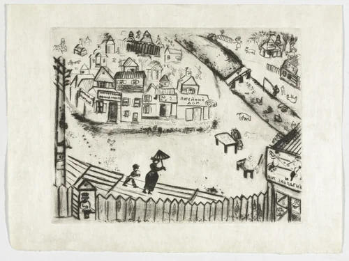 The Small Town (La Petite ville), plate III (supplementary suite) from Les Âmes mortes by Marc Chagall, illustrated book, 1923