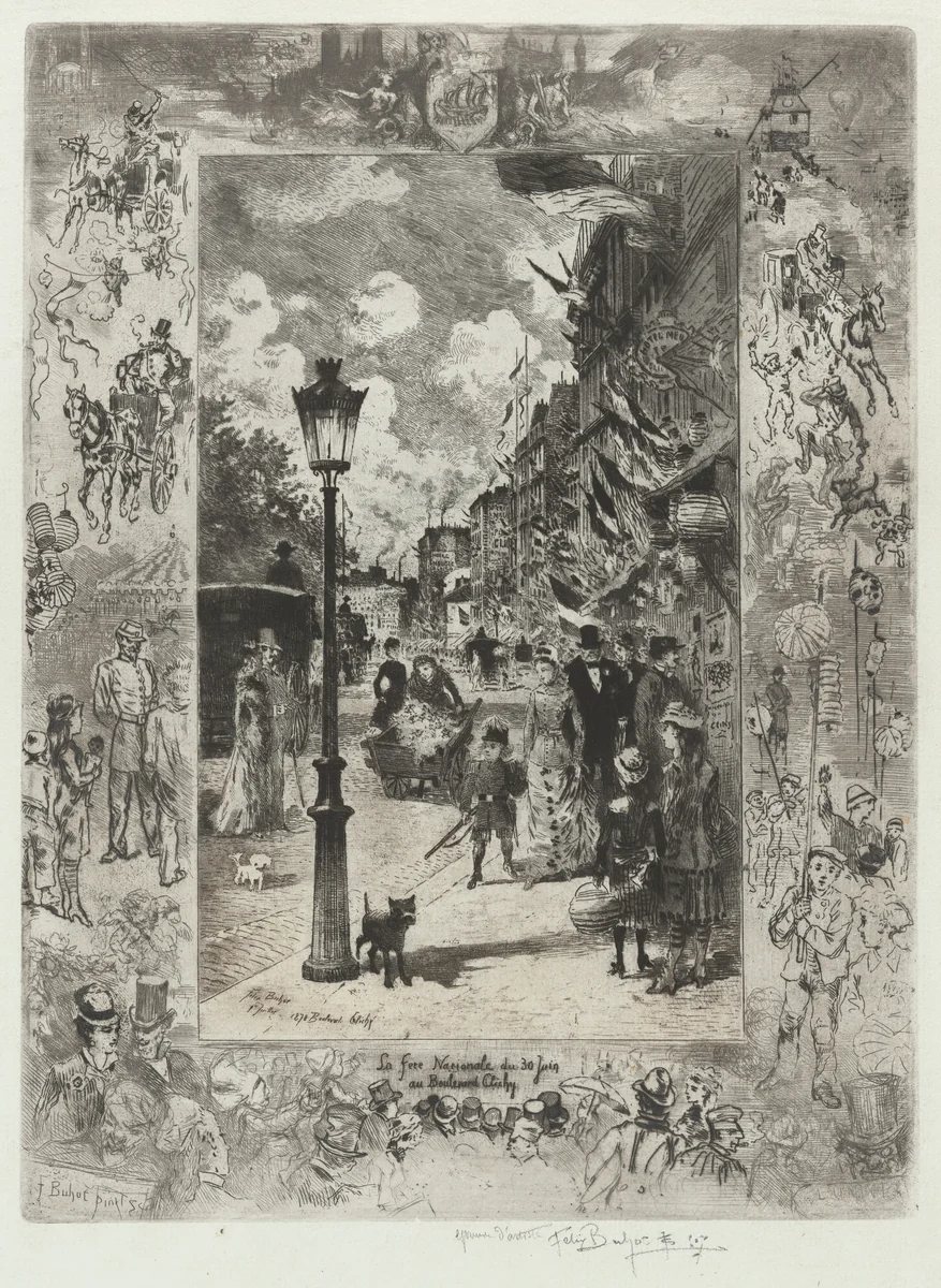 La Fete Nationale au Boulevard de Clichy (National Holiday on the Boulevard de Clichy) by Félix-Hilaire Buhot, print, 1878